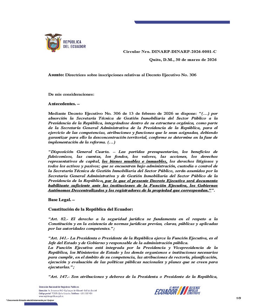 CIRCULAR Nro. DINARP-DINARP-2026-0001-C EMITIDA EL 30 DE MARZO 2026 POR LA DIRECCIÓN NACIONAL DE REGISTROS PUBLICOS (DINARP)